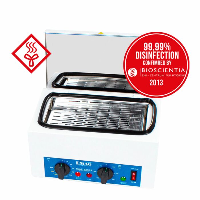 60078 emmi steri15 weiss blau offen utraschallreingung eng Dispositivo di sterilizzazione ad aria calda Emmi-Steri 15
